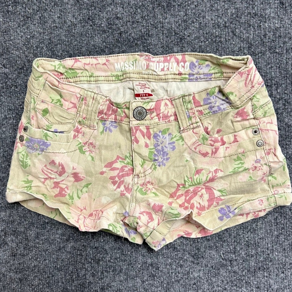 Mossimo Shorts Womens Size 1 Tan Pink Floral Denim Stretch Casual Cuffed Fit 6